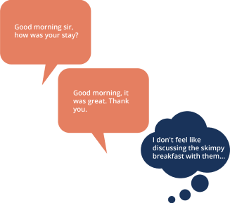 Speech bubble: -Good morning sir, how was your stay? -Good morning it was great. Thank you. What the person thinks - I don´t feel like discussing the skimpy breakfast with them...