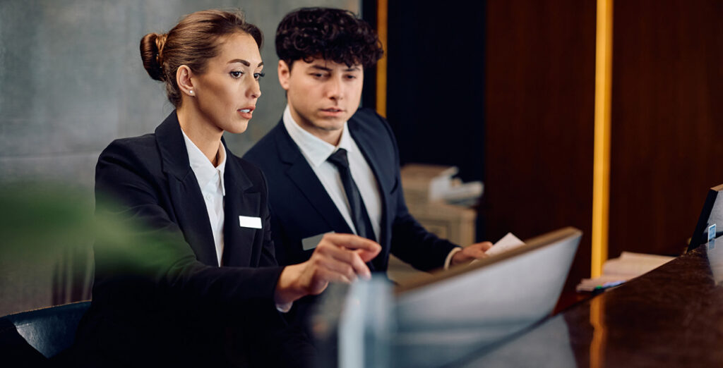 Woman and man talking about their customer reviews