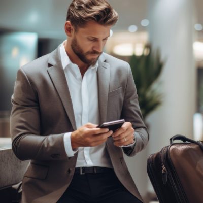 Man sittning in the lobby and looking at his phone Man sittning in the lobby and looking at his phone